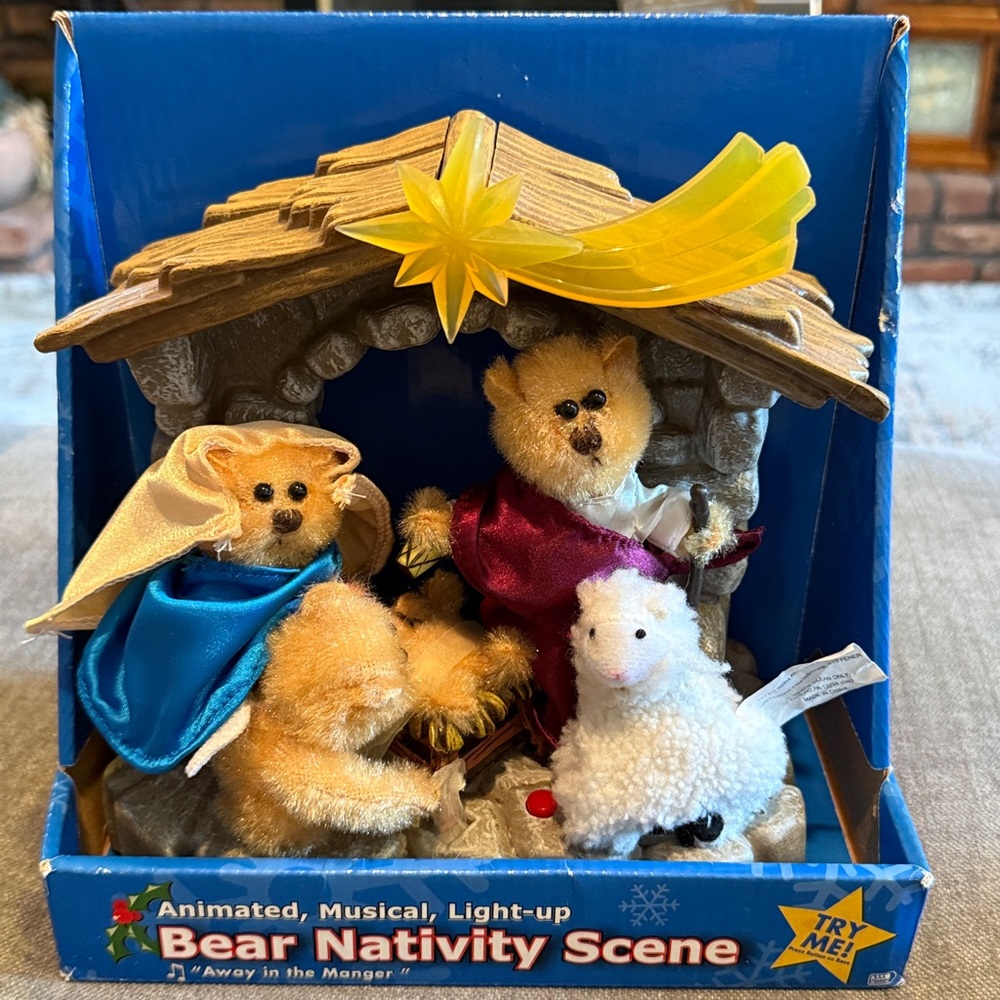 Animated Bear Nativity Scene with Blue and Red Outfits